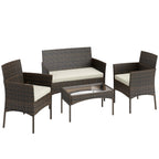 Komplette Loungegruppe aus Polyrattan für 4 Personen – Sofa, Sessel & Couchtisch mit Glas – Braun/Beige