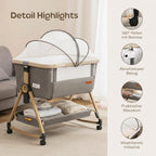 Maydolly 3-in-1 Baby Beistellbett Grau mit Matratze & Moskitonetz, Höhenverstellbares Reisebett mit Rollen für Neugeborene