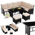 Juskys Polyrattan Gartenlounge Grau – Sitzgruppe mit Ecksofa, Tisch, Hocker, wetterfest, Outdoor Möbel Set