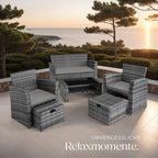 tectake Polyrattan Garten Lounge Set 4 Personen mit Hocker & Auflagenbox, Outdoor Sitzgruppe mit Tisch & Kissen, Balkonmöbel