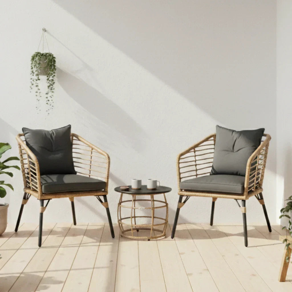 Rattan Sitzgruppe mit Polstern für Balkon und Terrasse – 2 Loungesessel und Tisch
